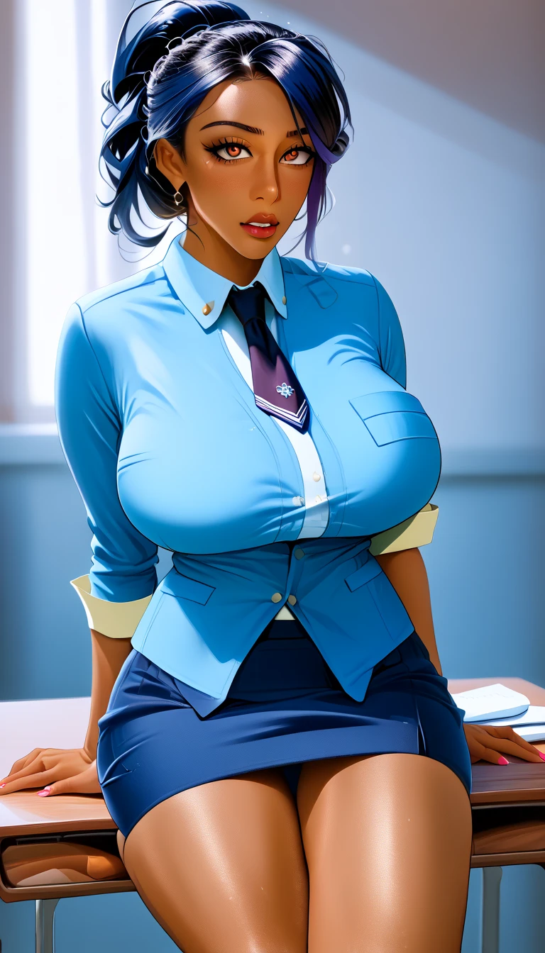 1girl, woman, best quality, beautiful, long hair, masterpiece, black hair, smiling, hourglass figure, wide hips, large breasts, blue suit, white blouse, cleavage, pleated blue skirt, business attire, travel agency, office, standing upright, smiling, thick thighs, looking at viewer, brightly lit, latina, tanned skin,