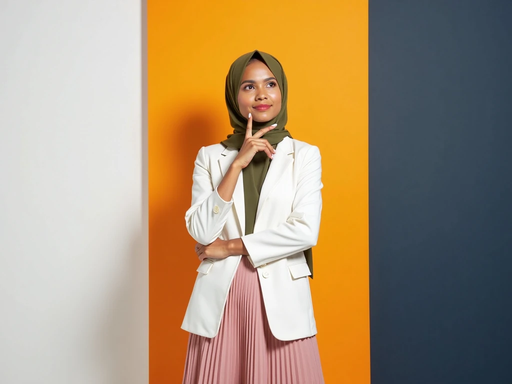 Show me an image of a front view of a hijabi woman holding paint brushesh in front of a yellow wall