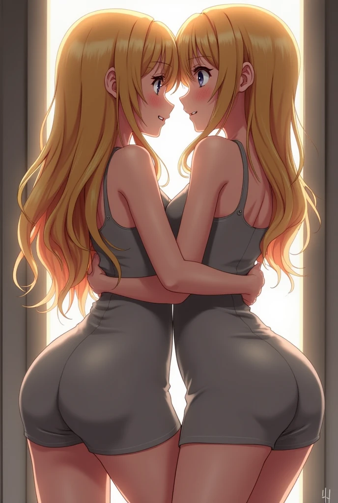 Super detailed、Highest quality、Best image quality、masterpiece、8K、(shoulder-length blonde hair、Medium Long Hair)、(laugh:1.3) 、(cheerful)、(tareme)、(big eyes)、(Beautiful shining eyes)、(High Detail Anime Eyes)、(puffy eyes)、(Big Tits:1.5、topless:1.3)、((SFW Huge Body))、(((Rear View)))、Cowboy Shot、(Thong、カルバンクラインThong、ckundies)、(Two women stand side by side with their butts facing the viewer.:1.5)、(Beautiful ass)