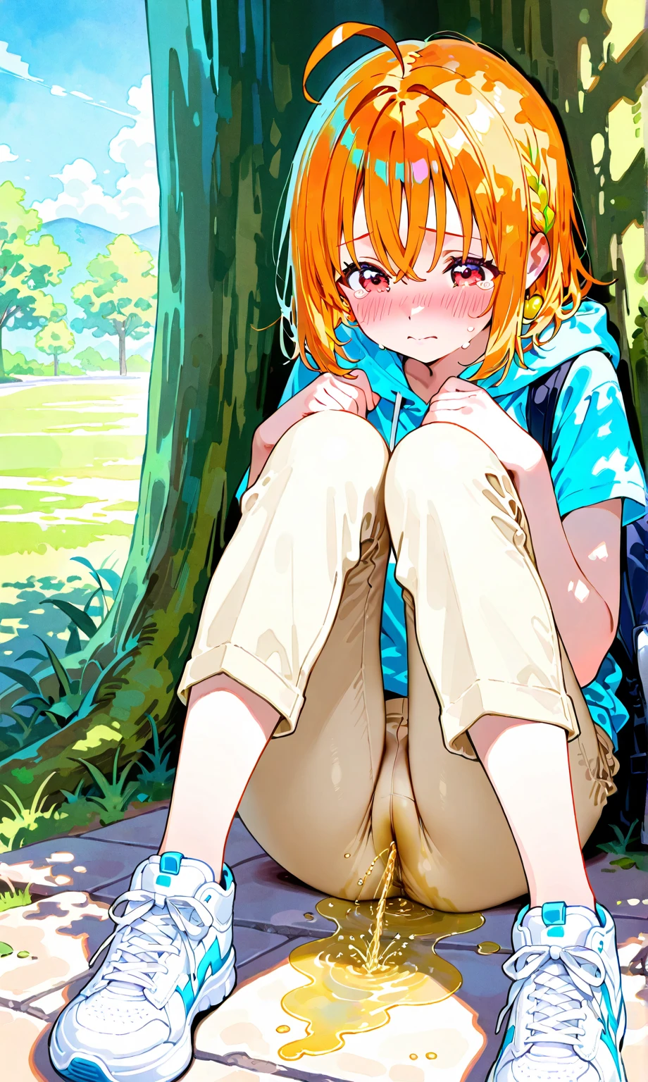 beautiful, cute 5yo anime girl, (((flat chest, super skinny body, extremely skinny, super skinny legs, little))), wearing a long white summer dress, squatting in forest, lifting up dress, (((visible pussy, butthole))), embarrassed, shy, blushing, uncomfortable, low angle view, looking at the viewer