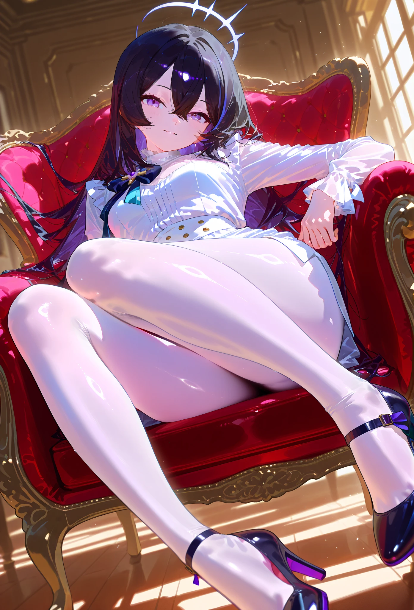 white bunny girl, white stockings, black hair, bob cut,