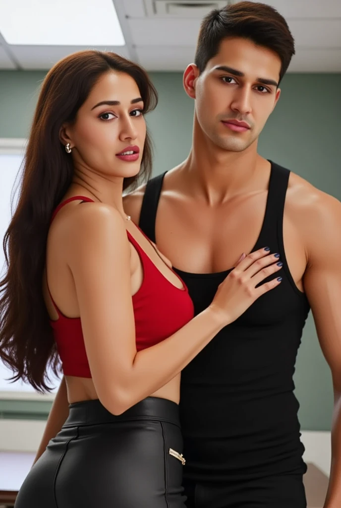 1 muscular very hary, 6.2ft tall handsome and attractive Indian man with sexy Indian tiny 5ft shirt girl skinny wearing a crop top. Both are hugging pose with touching woman navel. The woman is standing on the left side of the man. In office. Hyper realistic image detail image. woman standing on left of the man with her navel visible