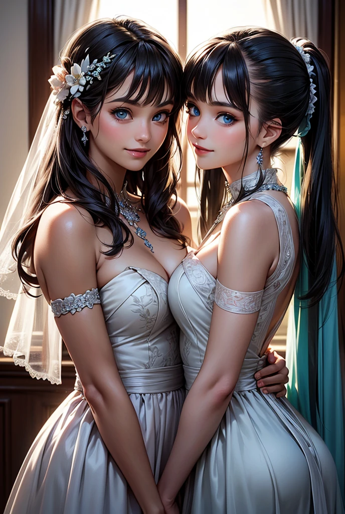 (masutepiece: 1.3), (max resolution: 1.2), (Ultra HDTV: 1.2), cinematric light, 8K resolution,
Detailed eyes and skin, detailed facial features, Perfect Style, Beautiful face, precise, Anatomically correct, Highly detailed face and skin texture, Detailed eyes, Double eyelids, Thin eyebrows, glitter eyeliner: 1 Natural cheeks, Glossy skin, Fair skin: 1.2, (shiny lips: 1.4),、 (Shy look: 1.2),
(Two women hugging each other)、Rubbing the opponent's chest、((((Touching the opponent's crotch、Erotic look))))、((Licking the chest))、Deep kissing、Legs entangled、(((Put your hands in your underwear)))、
(One of them is a 25-year-old lascivious woman. 、(long silver-white hair, Colossal , upturned breasts,Green-gray eyes、(detailed maid outfit:1.6)、Exposed cleavage、White underwear、White bra、Shiny little earrings and necklaces、Disheveled clothes、Dressing、Exposed panties))、
(One of them is a naïve woman of 18 years old. 、(a short bob,A dark-haired、 Small, Exposed cleavage、upturned breasts,blue eyes、(detailed maid outfit:1.2) White underwear、White bra、Disheveled clothes、Dressing、Exposed panties)),NSFW