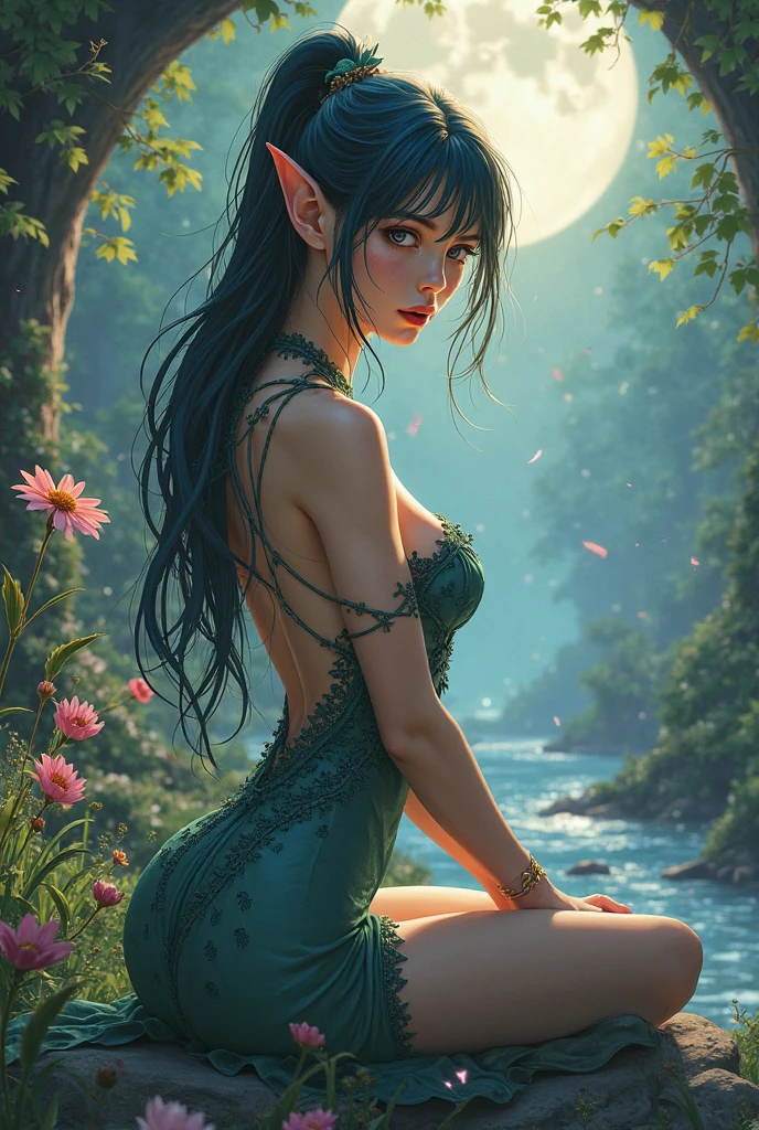 Naked Summer, Full Tattoo, (Masterpiece, Top Quality, Best Quality, Official Art, Beautiful and aesthetic: 1.2), (1 flower), full body, Extremely Detailed, (Fractal Art: 1.3), Colorful, More Detailed , "Best Quality", "Masterpiece, Sakimichan-style art, slight smile, legs open, pubic hair view, 1 sexy girl in transparent forest clothing, exposed breasts, open transparent T-shirt, Mandala and flower tattoos, Best Quality ,black hair fused with platinum and gold, naked girl, visible beautiful pubic area, pink pesons, small breasts in sight, water pond in the garden, mandala and flower tattoos on the naked body, old floating clock, lamp, lantern , skin wet with water, bed floating in pond, beautiful girl lying on bed, fantasy, view from above, open legs,