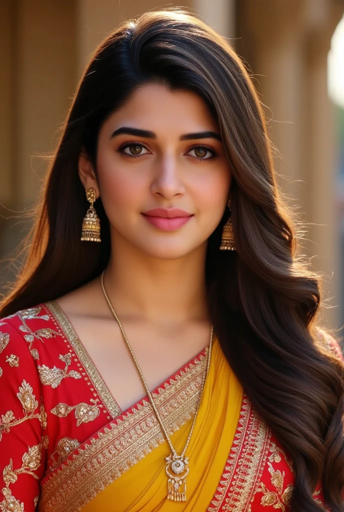 Outdoor image of 21yo in school school photo in school masterpiece, (photorealistic:1.7), best quality, beautiful lighting, Eleanor Latino Woman 20yo Old Big Breasts Plus Size Model random colour beautiful eyes extremely high Bun long extreme curly hair Lifts wearing Indian flowers ethnic enegance princess salwar kameez. Flowers on hair (closeup view)