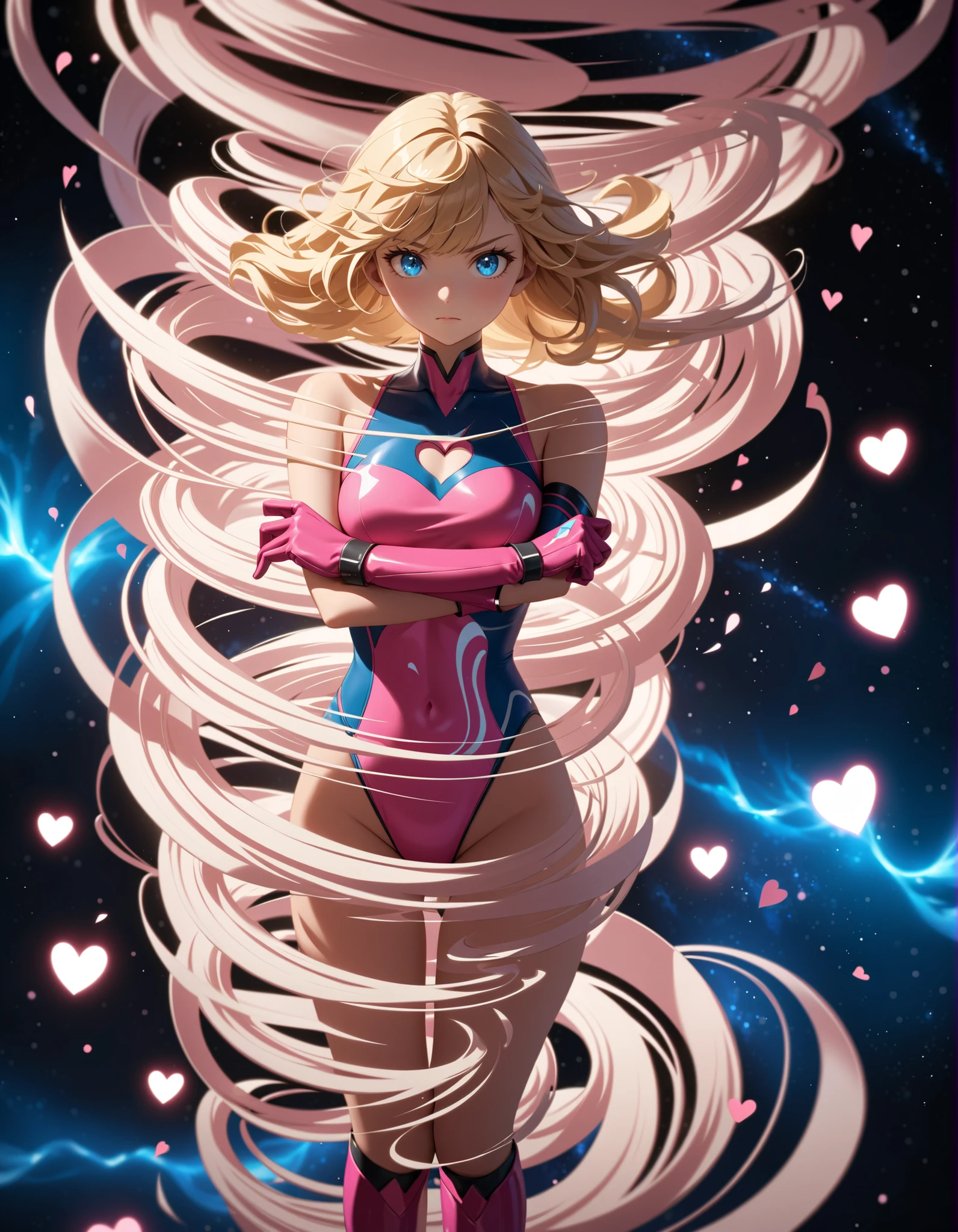 ((masterpiece)), ((best quality)), ((high res)), 1girl, solo, solo focus, (leotard, perfect leotard, pink leotard, sleeveless, bare legs), matching boots, looking at the viewer, blue sky backdrop, hand, perfect hands, complete fingers, perfect anatomy, medium breasts, (blonde hair, long hair, mid-length hair, hair down, bangs), knee boots, blue eyes, beautiful detailed eyes, beautiful detailed face, cute face, (cleavage heart cutout), pink gloves, pink footwear, superhero, heroic, spread arms. spins in place like a (tornado). she spins at an incredible speed, creating a whirlwind of air around her. spiral lines around, cyclone winds around, tornado spinning. full body with costume