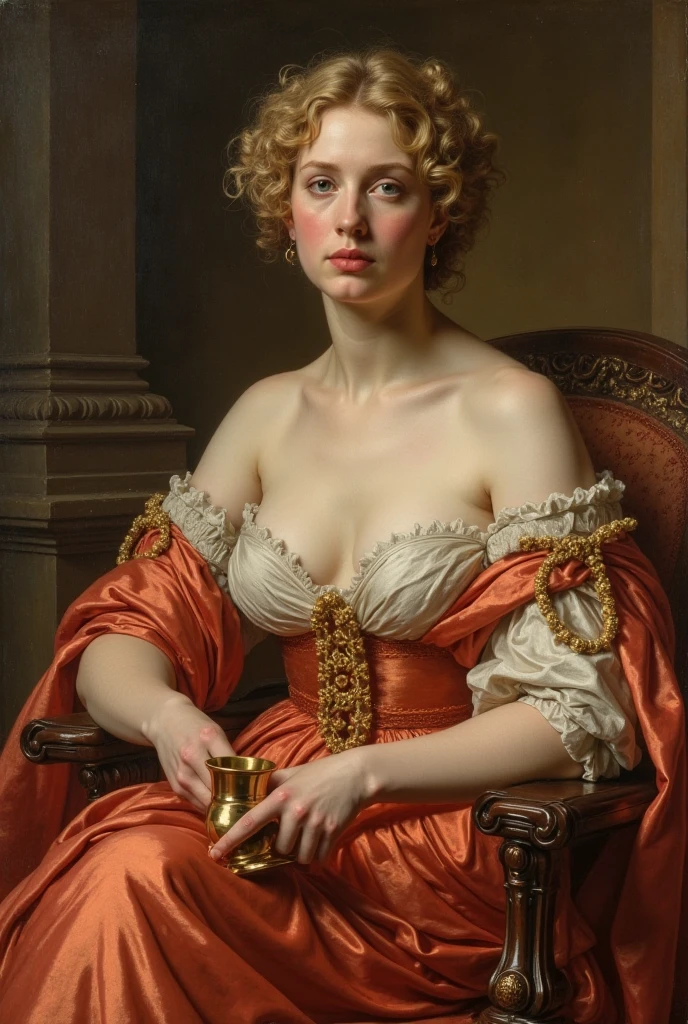 Create a highly detailed painting in the style of George Romney, capturing the essence of his 18th-century neoclassical portraiture. The central figure is a woman dressed as the mythical sorceress Circe, depicted with an air of elegance and power. She is modeled after Lady Emma Hamilton, known for her striking beauty, and is portrayed with a strong, confident gaze.

The woman is seated, draped in luxurious classical attire with flowing, richly colored fabrics that evoke the ancient Greek and Roman aesthetic. Her gown is intricately detailed, with gold accents and soft, voluminous folds. She holds a cup, symbolizing Circe's ability to transform men into animals, and her expression is both alluring and commanding.

The background should be subtly rendered, emphasizing the figure without distracting from her presence. Include elements such as an ornate chair or classical columns to enhance the neoclassical atmosphere. The lighting is soft, creating a warm, golden glow that highlights the texture of the fabric and the smoothness of her skin. The overall composition should balance between realism and idealism, with a focus on capturing the character of Circe as a powerful and enigmatic figure, as envisioned by George Romney.