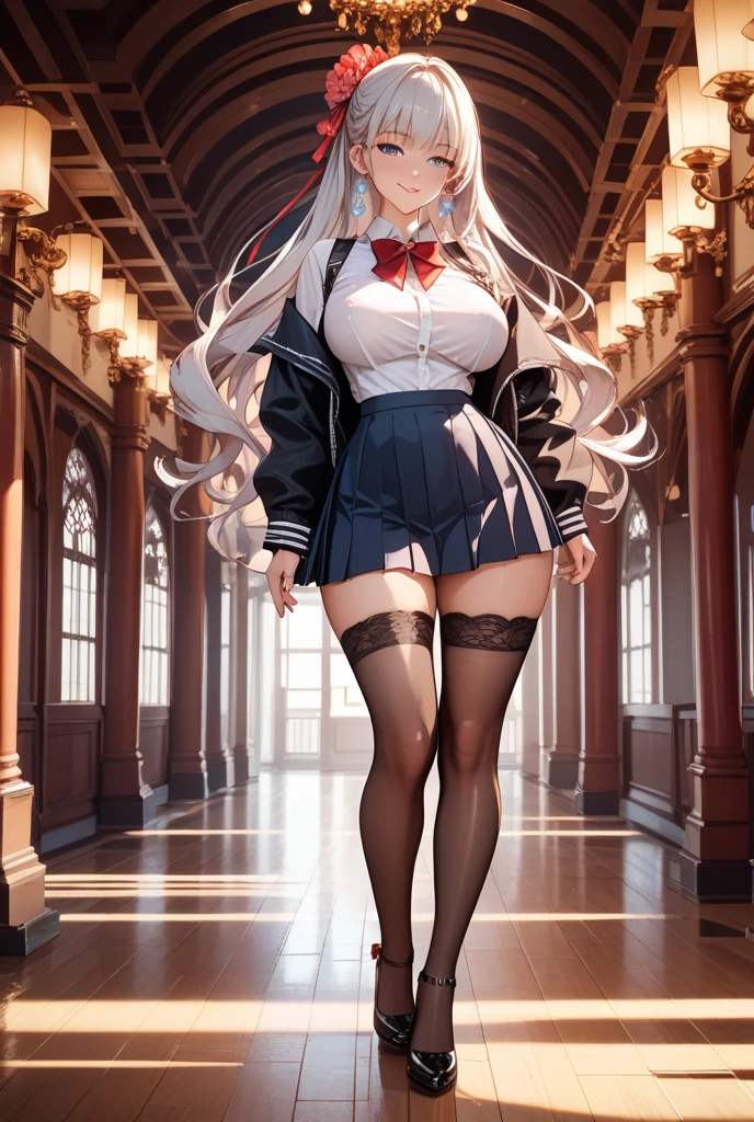 Masterpiece, Best Quality, Official Art, (Highly Detailed CG Unity 8k wallpaper), Detailed background, (Hands by Guido Daniele: 1.1), Feet out of frame, First person perspective, 1, Attractive and perfect beautiful woman, Schoolgirl, JK, schoolgirl uniform, rainy day, a lot of rain, windy, optimal ratio of four fingers to one thumb, ( curvaceous), ( white thighs: 1.12), ( Brown Long Hair: 1.12), (Ahoge: 1.13), (High Ponytail: 1.12), (Green Eyes: 1.13), Look at the Beholder, Big, (cleavage), Beautiful Face, (Blush: 1.11), (Smile: 1.11)