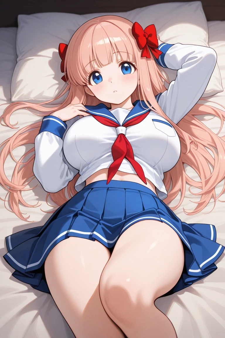 Beautiful illustration、top-quality、Cute little girl s、Bedroom、A pink-haired、long whitr hair、(((pleatedskirt)))、(((a sailor suit)))、short- sleeved、huge tit、a navel、Flipping up her skirt with her hands、showing white panties、Pull up the skirt,The reveal panties、Bare legged、eBlue eyes、on top of the bed、Lovely thighs、glowing thigh