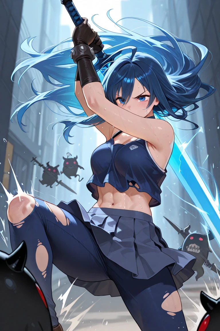 1girl, solo, Laura S. Arseid (long dark blue hair, ponytail and side Bang, small boobs), (inspired by trails of cold steel) in a school dress showing off her panties, in a military school, embarrassed