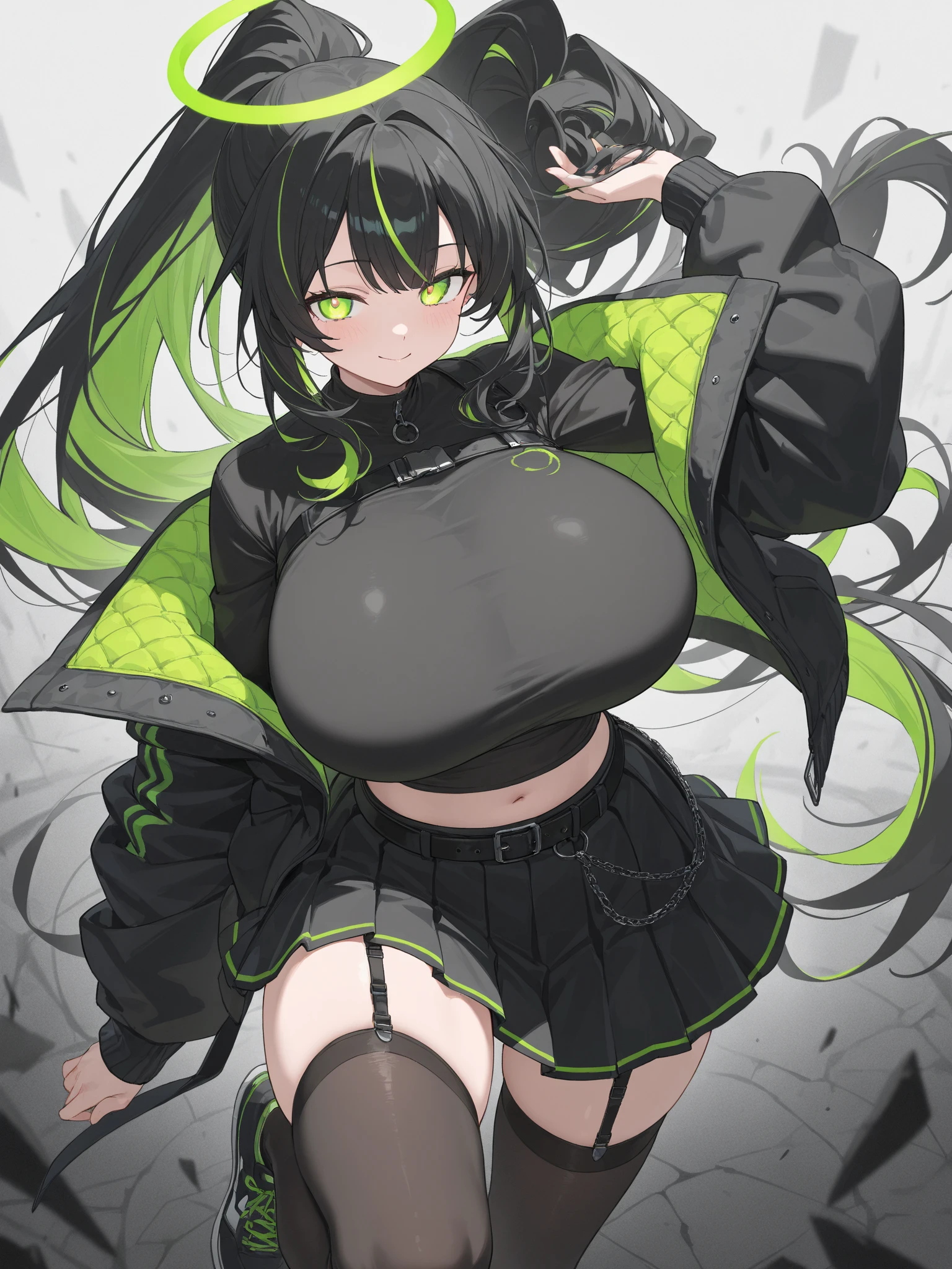 (high quality, 8k, 4K, high contrast, artwork:1.2, high quality, best aesthetics), (dynamic angle), ((1 woman)), erotic, sensual, mature body, super detailed, beautiful face detailed, beautiful eyes detailed, detailed beautiful mouth, sexy body, perfect breats, perfect wide thighs, (short black hair with bangs and green highlights), (green eyes), (penetrating gaze), (serious expression), (blushing), (black shirt with loose long sleeves, exposed belly and cleavage on the breasts), (black ruffled skirt), (black fishnet tights), (standing), (centered), (looking at viewer), (black background with green smoke)