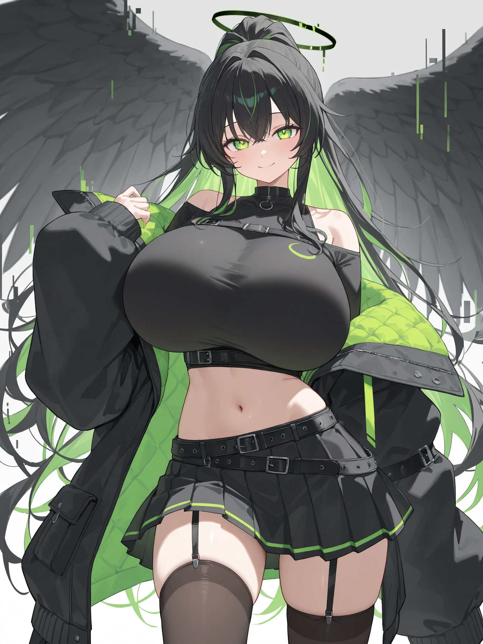 Kizi， highr， Concealed arm， Blue_and_Green hair， Detailed beautiful eyes， navy blue eyes， evilsmile， medium boob， Open navel，Big breasts Thin waist，medium thigh， 校服， Japan School Uniform，JK school uniform，Long black stockings， Detailed clothes， tmasterpiece