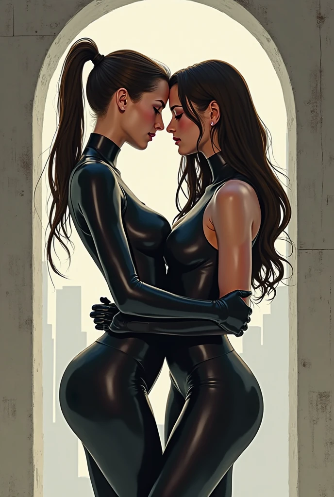 two woman spooning, long brown hair, hair tied up, deep v-cut black bodysuit, e-cup boobs, perky , hard nipples, muscular, big butt, ultra-detailed, detailed face, thick lips, alone, standing with legs apart