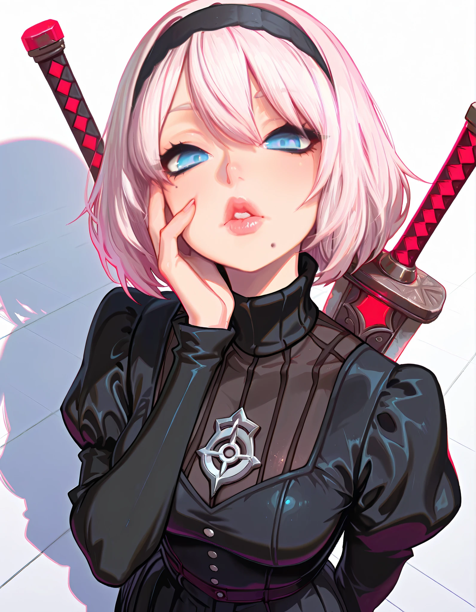 1girl, solo, YoRHa_No._2_type_b, Mole_under_mouth, Sword, weapOn, short_My hair, Mole, Butt Under Pants, weapOn_On_Back, Blue_eye, White_My hair, Pink_lips, kinana, look_in_Viewer, Falling apart_lips, black_Butt Under Pants, My hairband, black_My hairband, turtleneck, lOng_sleeve, black_Dress, Dress, Depth of_body, lips, portrait, Puffy_sleeve, Bang, hand_On_own_ face,
Eye glow with red reflectiOns,
,(Perspective:1.5),
amazing artwork with Japanese musical instruments,Stereoscopic images, HDR, high cOntrast,smooth quality , masterpiece, Highest Quality, amazing quality, Very Aesthetic, high resolutiOn, very high definition, Newest,high cOntrast color,perfect compositiOn,Perspective,incredibly very high definition, cute, ambient occlusiOn, very detailed,shadow,
