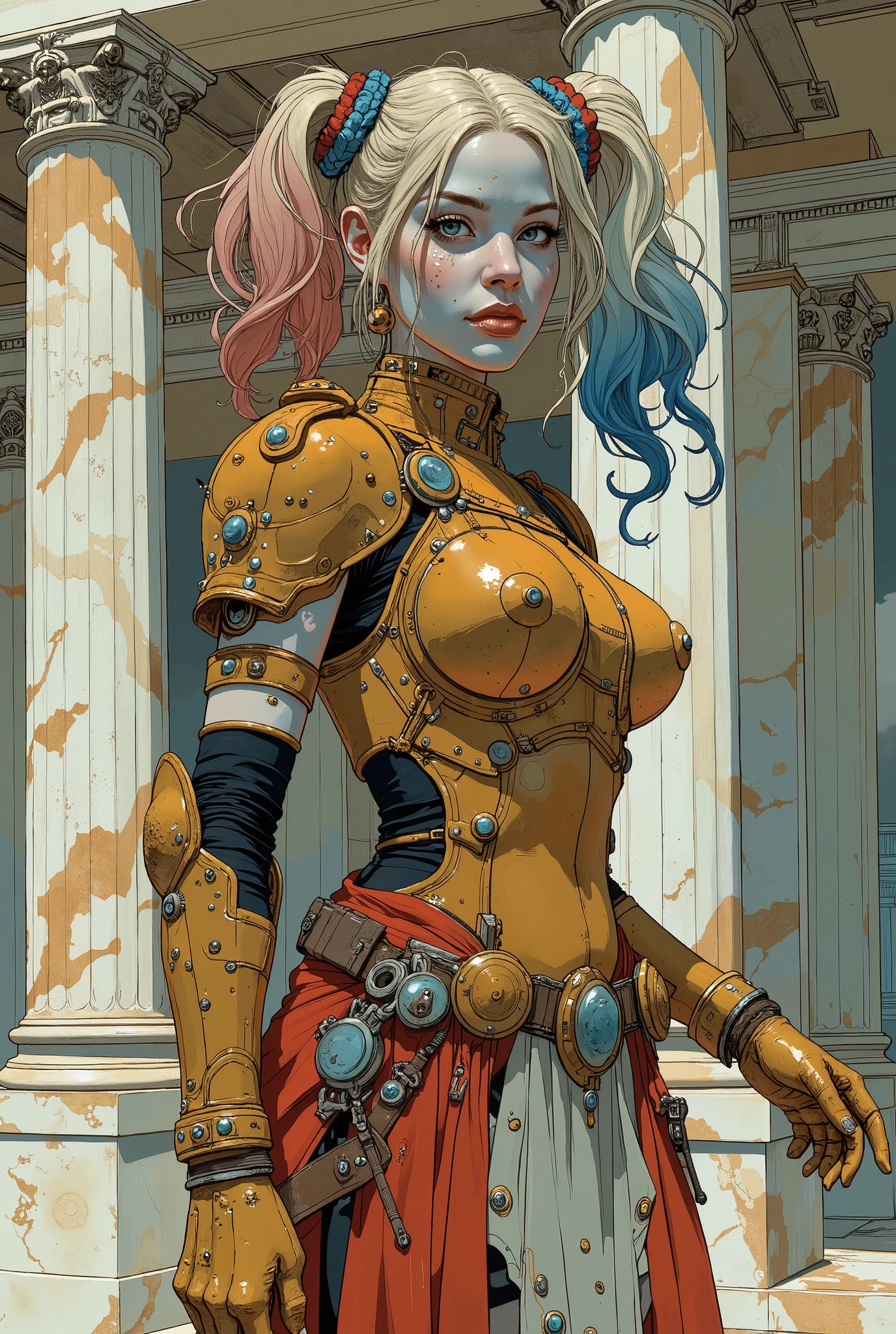 This harkey quinn carries a beautiful harley quinn armour, inspired by antique Greek hoplites. Casque de hoplite grecque. . ((Greek armor)). Splendor grecque antique. ((Big breasted)). ((Sexy))