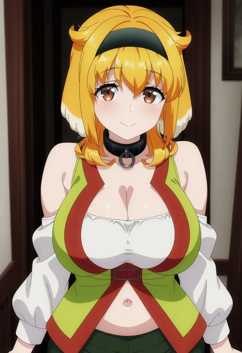(Night:1.7), in front of a mountain range with a wooden cabin in the background, sitting at attention, sitting on bed, bare_shoulders, midriff, navel, wearing slave bikini, slave armor, slave bikini armor, revealing slave armor (gold trim), pelvic curtain, (star wars slave leia cosplay), (chains), loincloth, long loincloth, brown metallic bikini (gold pattern), metallic bikini, metallic slave bikini, (Belly dancer metallic bikini),blonde hair, long_hair, hairband, bangs, brown_eyes, 1 girl, 20yo, Young female, Beautiful Finger, Beautiful long legs, Beautiful body, Beautiful Nose, Beautiful character design, perfect eyes, perfect face, looking at viewer, (Upper_body), (Focus on her face), NSFW, extremely detailed CG unity, perfect lighting, Colorful, Bright_Front_face_Lightinasterpiece:1.0),(best_quality:1.0), highres, film grain, blurry background, lens flare, (vibrant_color:1.2) (Beautiful,large_Breasts:1.4), (beautiful_face:1.5), (narrow_waist), metallic bikini, Belly dancer