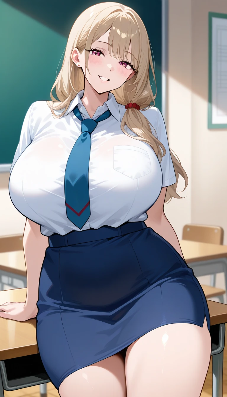 Super-detailed, 8k HD, 3d art style, Tsunade, 1 girl, solo, mature, beautiful and detailed face, detailed hand, blond hair, green eye, slender hips, thick thighs, huge and droopy breast, huge round ass, teacher outfit and mini skirt, fishnet thigh high stocking, expressionless, sit on the table in a classroom, leg spread