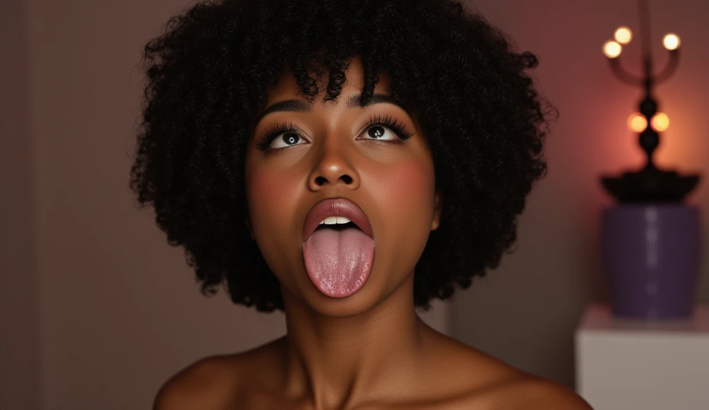 There's a woman with a very large afro sitting on a couch, selfie de uma jovem mulher, rosto suado, com afro, Tongue out, androgynous face, thick lips, foto do perfil, cara boba fofa, muito bobo olhando, no facial features, foto de uma mulher negra, bochechas cheias, imagem do rosto, cara de bobo, pouty lips