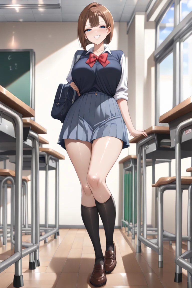 masterpiece, high quality, detailed eyes, 
1girl, kurihara chiyo, bob cut, brown hair, dark brown eyes, bangs, blunt bangs (yellow hair:1.0), (brown eyes:1.0), blunt bangs,, (mature female, milf:1.2), large breast, (voloptuous:1.2), thick thighs, tall, leggy, glistened skin, oiled skin, shiny skin, light smile, (muscular:0.7), (pubic tattoo:1.0),
solo, looking at viewer, full body, school, hall, (contrapposto:1.2), (school uniform, brown jacket neck ribbon, collared shirt, plaid short skirt:1.2), (white thighhighs:1.1), high heels, necklace, choker, thigh strap,  cleft of venus,  cameltoe,