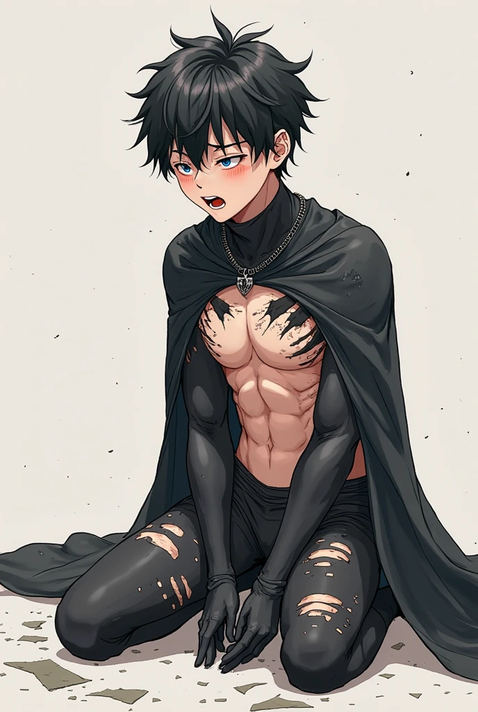Focus on the man. The men hold the other men down while he is raped. He has short black hair and red eyes. His face has an expression of either ecstasy or despair. Or a face full of anticipation with blushing cheeks. He has an obscene red tattoo on his stomach. Milk is leaking from my nipples. He is wearing black gloves. His clothes are half pulled and torn. The black clothes around his crotch came off. Another man's finger is inserted into his anus. The men held the other men down and raped him. With the dick still in the anus.