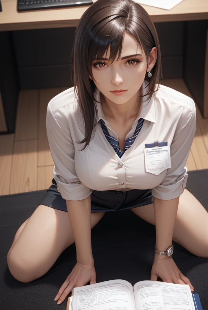 The woman's own hand lifts the skirt and places it between the thighs