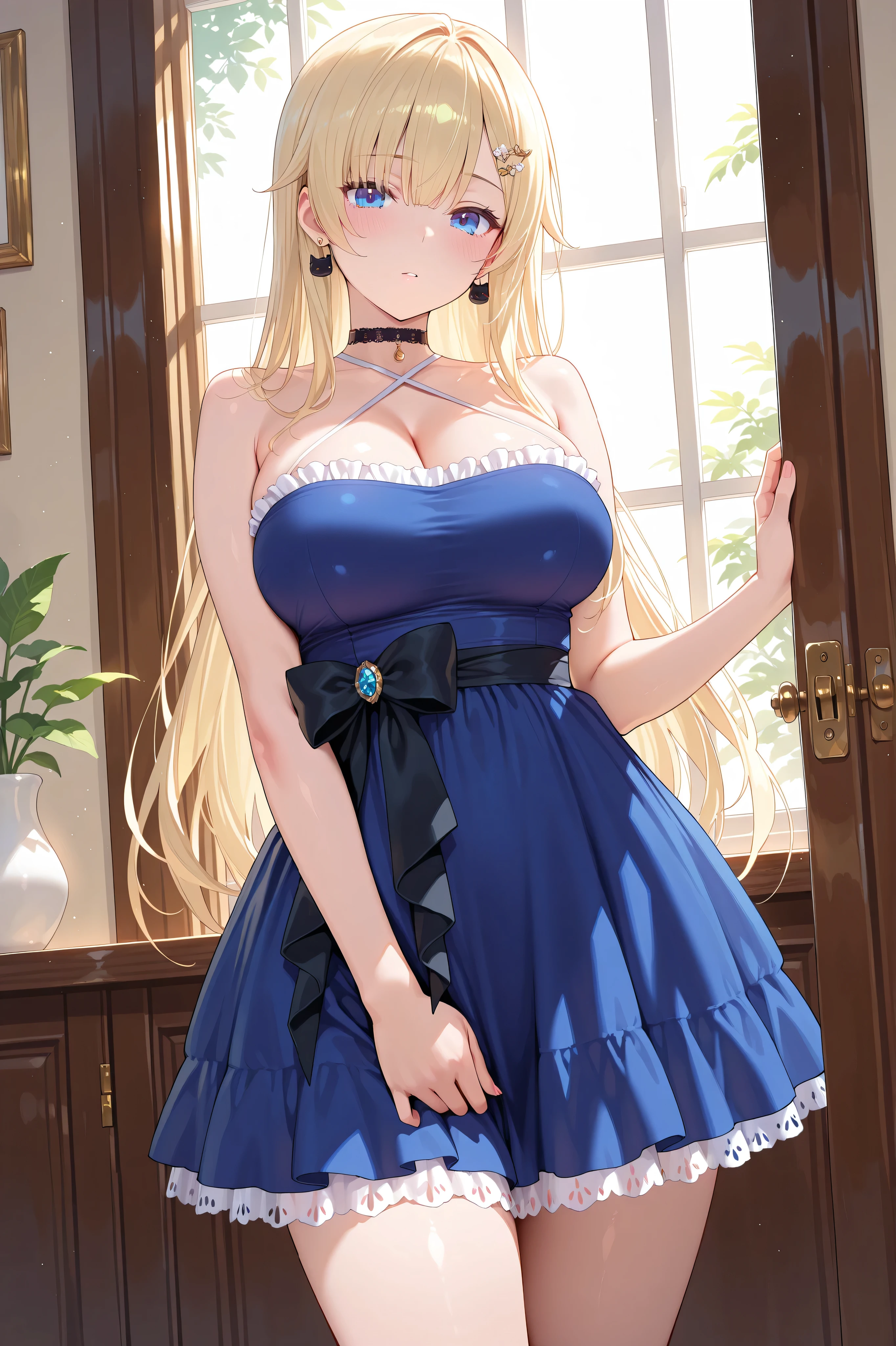 ((highest quality、High resolution、masterpiece))、(((2girls))), Portrait、A beautiful woman、Perfect body、beautiful ample breasts、Long blonde、bangs、Blue and white、Embellished blue sexy dress、Embarrassed、((Lift up your skirt and show your panties))、I'm tempting you
