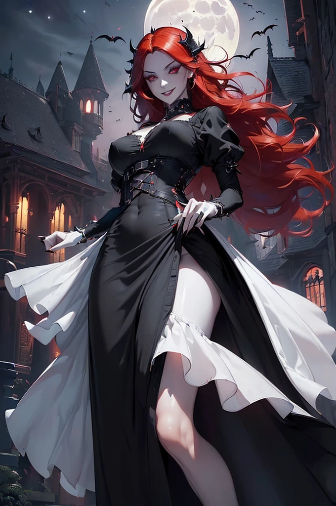 a picture of an exquisite beautiful female vampire standing under the starry night sky on the porch of her castle, full body (ultra detailed, Masterpiece, best quality), ultra detailed face (ultra detailed, Masterpiece, best quality), ultra feminine, grey skin, red hair, wavy hair, dynamic eyes color, cold eyes, glowing eyes, intense eyes, smirking, smile with [[drops of blood on face]], dark red lips, [fangs], wearing white dress (ultra detailed, Masterpiece, best quality), blue cloak (ultra detailed, Masterpiece, best quality), long cloak, flowing cloak (ultra detailed, Masterpiece, best quality), high heeled boots [[in starry night sky]], sky full of stars background, moon, bats flying about, high details, best quality, 8k, [ultra detailed], masterpiece, best quality, (ultra detailed), full body, ultra wide shot, photorealism, dark fantasy art, dark fantasy art, gothic art, many stars, gothic art, sense of dread,