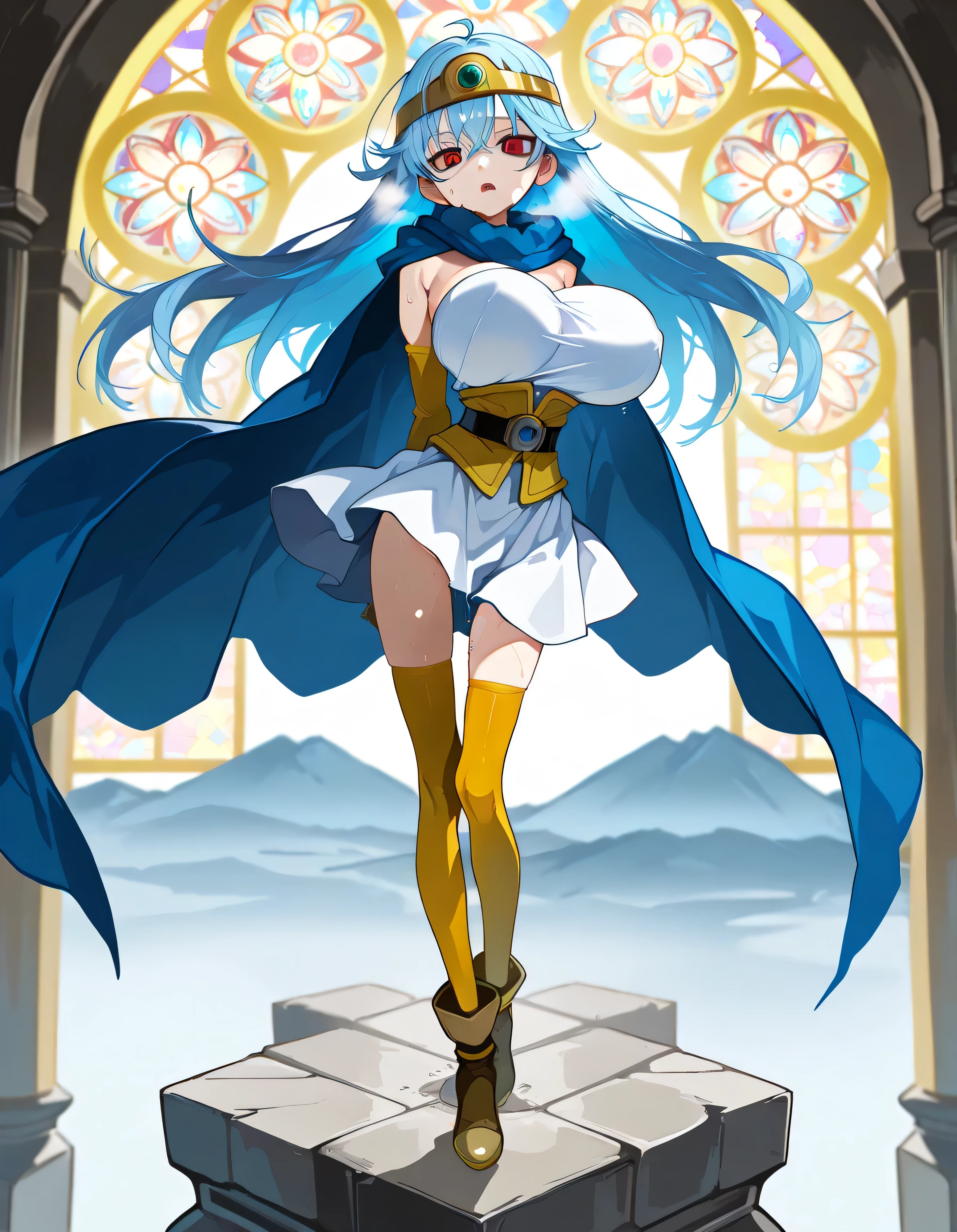 score_9, dq3sage, light blue hair, red eyes, long hair, circlet, blue cape, white dress, strapless, belt cinches underbust too tight, elbow gloves, yellow gloves, thigh gap, thighhighs, BREAK, landscape, solo, (1 skinny small girl standing at holy temple:1.2), (little sage:1.2), stained glass, BREAK, arched back, arms behind back, (bouncing breasts), tiptoe, looking at viewer, bags under eyes, expressionless, open mouth, heavy breathing, BREAK, very small torso, too short torso, (disproportionately huge breasts), too narrow waist, skinny long legs, BREAK, thighs wet by pussy juice, (lactation:0.3)