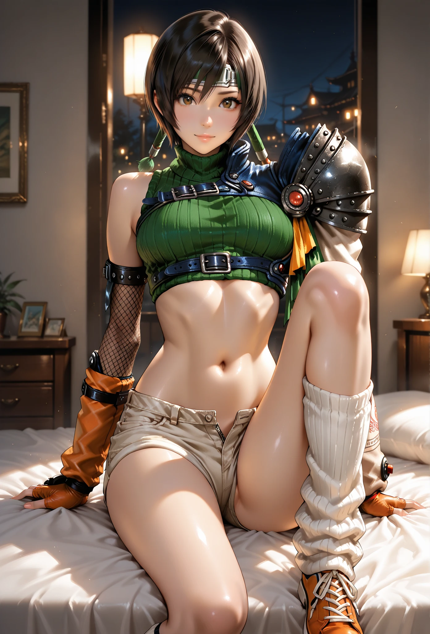 Masterpiece, best quality, 16k resolution, NVIDIA RTX Ray Tracing technology, Create a 4K resolution, ultra-realistic, and extremely detailed artwork, award winning, retina, soft light, sharp focus. (full bodyt:1.5), 

ubel, medium hair, hair between eyes, (green hair), side ponytail, purple eyes, smile, 

arm strap, single elbow glove, thigh strap, in a black lingerie, intricate and detailed lace set, laced lingerie, dressed in black lace, lacey, black lace, appealing, tight attire, seductive lady, wearing sexy lingerie, captivating and enticing,

open pose, looking at viewer, (STEALTH MASTURBATION:1.5)

((lying, lie down, on back)), NSFW, (NAKED BREASTS:1.5), (HAIRY PUSSY, PUBIC HAIR), (ON A LEASH:1.5)

indoors, fancy room, window, sky clouds, 

FULL BODY SHOT, ultra wide angle, textured skin, face detail, clean skin, perfect hands, perfect anatomy, anatomically correct
