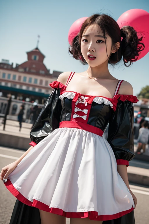 1girl, masterpiece, best quality, ultra-detailed, beautiful detailed, (((extremely detailed face))), (((blunt bangs))), (((big frills and ribbon))), grin, (((red blouse))), (black skirt), suspender dress, frills, lace, (long hair), ((garter belt)), (((piercing jewelry))), (((look down))), (dirty street), (jack o lantern), (Red Riding Hood), (crowd), ((short bob hair))