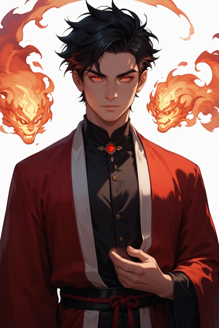 Liang is a young man from the Fire Nation with a distinct and autonomous appearance. Your skin is a rich, dark tone, denoting his African ancestry in the fictional culture of the world of Avatar. Their hair is dense and curly, formando uma coroa de cachos negros, which he keeps well cared for and styled with pride. Liang's eyes are deep and expressive, de um tom de castanho escuro que contrasta com sua pele.

He has an average height for his age, com um corpo magro, but athletic. Its striking features are angular and defined, with sturdy arched eyebrows that give him an air of seriousness and focus. Liang tem um sorriso discreto, that waits is seen, due to its reserved nature.

As for your clothing, Liang prefere roupas elegantes e formais, suited to their position of nobility. It uses Fire Nation trajectories in shades of red and gold, with elaborate and symbolic details. It embodies its cultural heritage in subtle ways, with accessories such as bracelets and necklaces made of burning metal or stylized designs of the fire element itself.

No geral, Liang's appearance reflects his cold and calculating personality, combining with the strength and spirituality he exudes. His striking presence and piercing gaze demonstrate an intrepid spirit that is willing to face challenges and achieve its goals, no matter the cost.