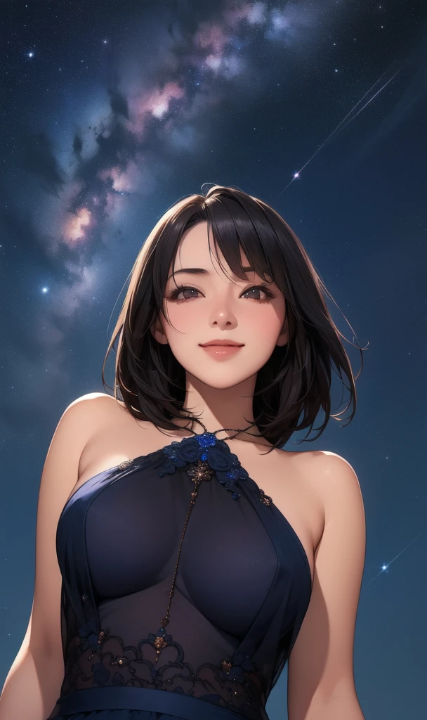 (masterpiece), (best quality), 1girl, (perfect face:1.2), (beautiful face:1.2), black hair, (from below, upper body:1.3), happy, light smile, looking at viewer, pose, see-through, outdooridnight, night sky, milky way), intricate, depth of field, cinematic lighting,