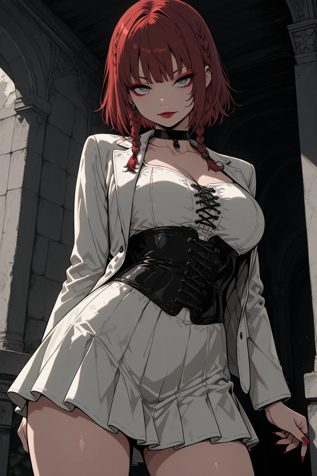 (masterpiece, best quality), 1girl, red hair, medium chest, gothic frill dress, pervert face,