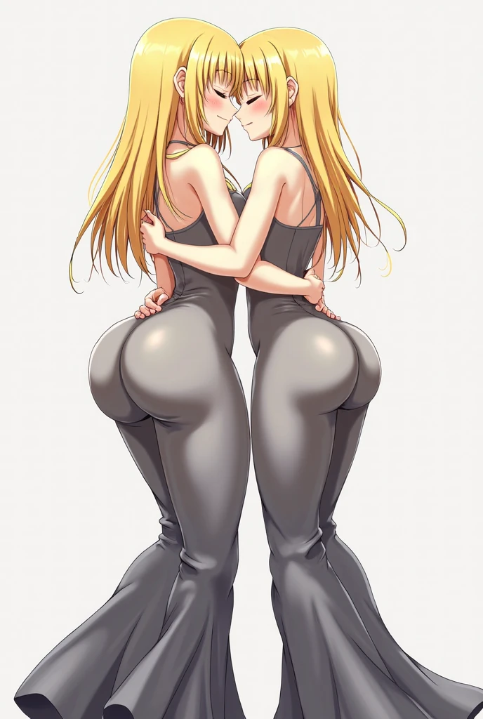 Very detailed、Highest quality、Best image quality、masterpiece、8k、Medium Long Hair、Blonde curly hair、Open mouth smiling、(SFW Huge Body)、(((Rear View)))、Cowboy Shot、Wear laces、(Two women standing side by side with their butts facing the viewer:1.5)、(Wearing a headband、Thigh-high socks)