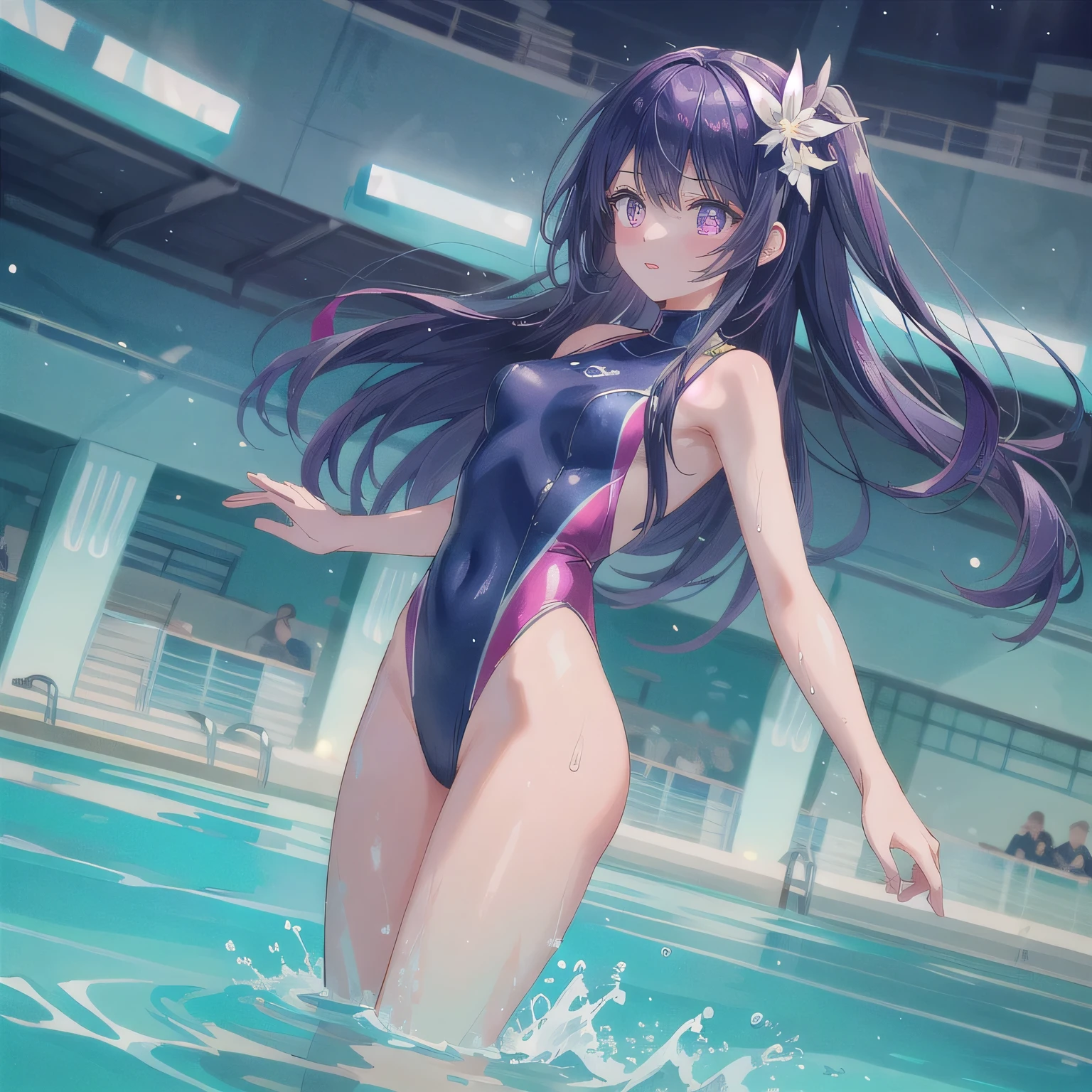 1 girl,small breasts,,lilac long-haired,poor body,high school student,pool,I can see the nipples,School swimsuit coming off