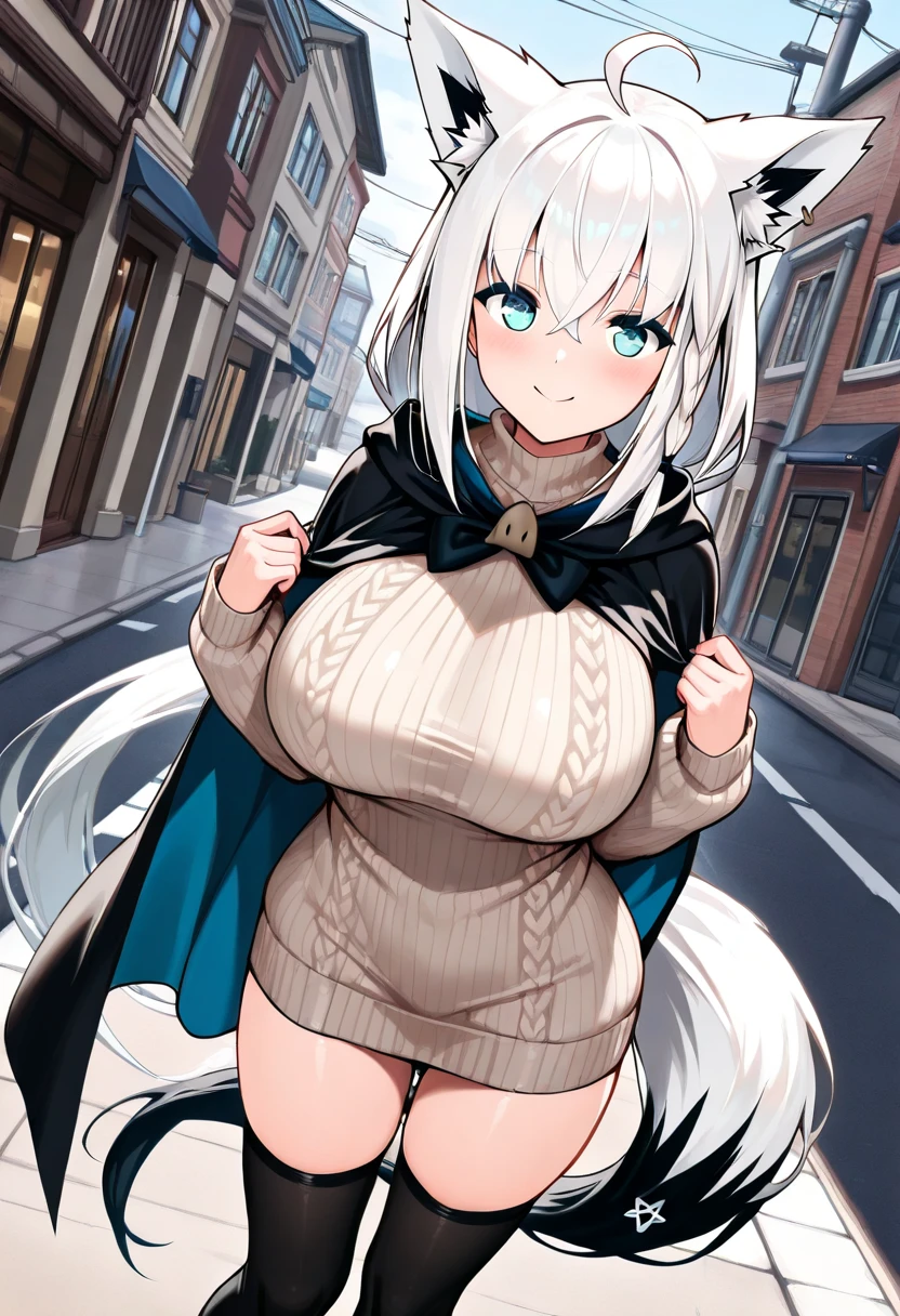 [[[ ultra-detailed, best quality, soft skin, beautiful, 4K]]] white hair, blue eyes, tied-up hair, slender body, dynamic angle, chainmail, white armor, white fox ears, calm expression, female, snowy palace gardens background, serious expression. walking angle, ((little horny smile)) to masch them über hugest big huge massive largest bigger biggest breasts 