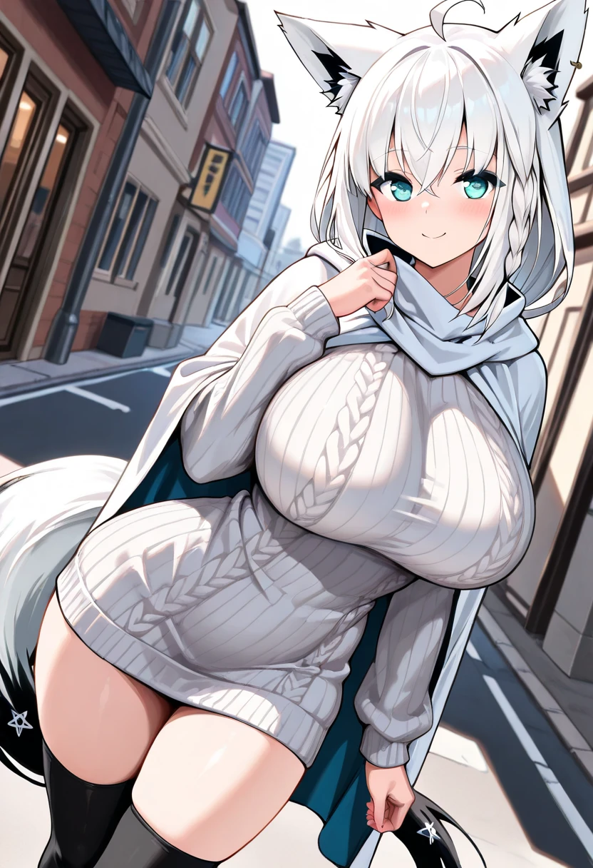 (masterpiece:1.3, highest quality), Ultra-high resolution, Super detailed, (Realistic, photoRealistic:1.4), Beautiful illustrations, Perfect lighting, colorful, Depth of written boundary,
View your viewers, 1 girl, alone, high school girl, Perfect Face, (Perfect Anatomy, Anatomically correct), Cute and symmetrical face, Baby Face, Shiny skin, ,
(Middle Hair:1.5, (Both sides up:1.2), Silver Hair), Hair between the eyes, Big eyes, blue eyes, Long Eyelashes, (Medium chest), thin, Dark red hair ribbon,
Beautiful Hair, Beautiful Face, Highly detailed face, Beautiful fine details, Beautiful clavicle, Beautiful body, Beautiful breasts, Beautiful thighs, Beautiful feet, Beautiful fingers,
((Long sleeve white fur jacket, Pink Sweater, Burberry Check Mini Skirt)),
(Beautiful views), evening, (street), Are standing, (Cute smile, Open your mouth), Nipples are visible