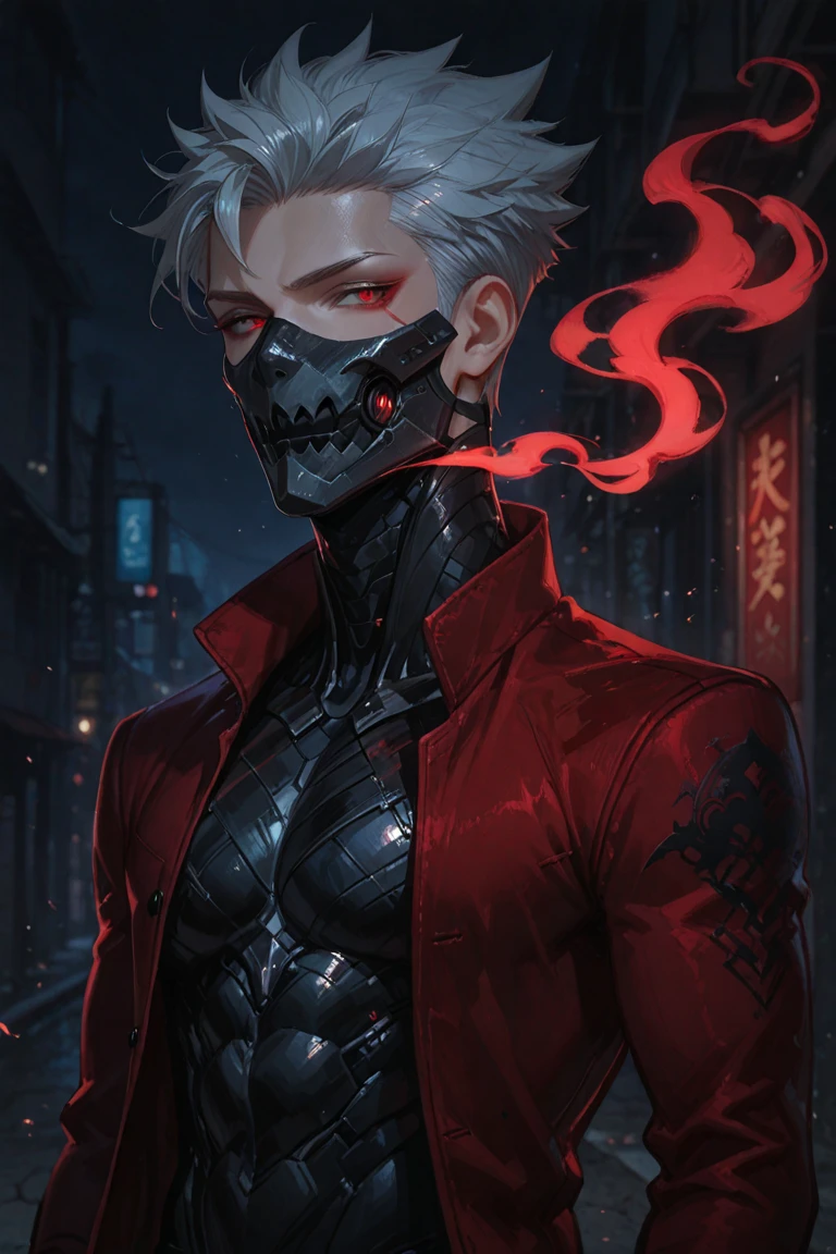 (best quality, ultra detailed), 1man
, solo, cowboy shot, looking viewer, business attire, oni_mask, face, mask on hand, covering face, reflection, night walk, light particles, cinematic lighting, shallow depth of field,