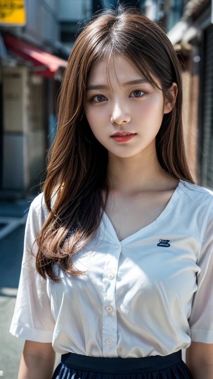 ((Top Quality, 8K, Masterpiece: 1.3)), Beauty, 1 Girl,Grey Eyes、Straight Hair、Medium Hair、Brown Hair、Jeans on a t-shirt、Dynamic Angles、Weight is 70 kg、The face is slightly fat、Age 25、flat chest、Cityscape