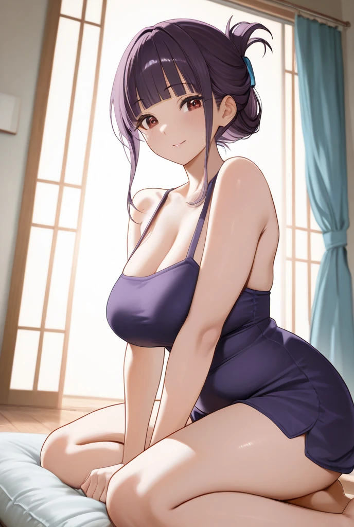 ((((master part, best quality, high resolution)))), 1girl, cabelos brancos, Purple eyes, Cabelos curtos ondulados, mediuml breasts, corar, Sorriso leve, separated-lips, brilhar, Coxas, bareshoulders, 鎖骨, cintura estreita, clivagem, (Rosto bonito e detalhado, belos olhos detalhados), Onsen, nu, Ensopada, toalha molhada