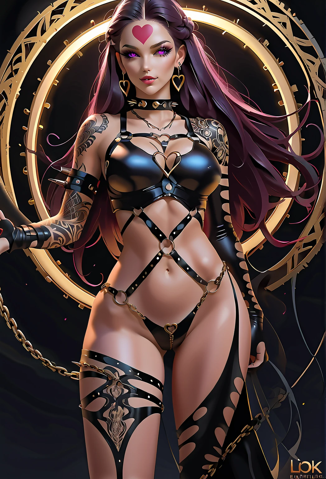 ( High quality , Ultra-detail, carefully with your hand )tarot card, chiaroscuro technique on sensual illustration of an queen of sword, a teenage fashion model wearing an exo-skeleton mask, vibrant colors, futuristic cyberpunk style, intricate details, cinematic lighting, dramatic pose, an elegant complex bio mechanical onyx and gold, intricate details, official art, unity 8k wallpaper, ultra detailed, beautiful and aesthetic, (in a room with black walls illuminated by violet neon lights :1.1)