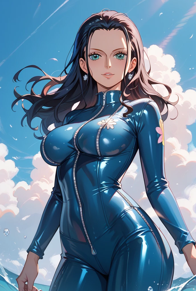 ((super high quality,Ultra-high resolution,4K,8k,super masterpiece,Ultra HD)),Sea in clear skies,Looking up from below,The blazing sun,One Girl,((Glossy navy blue sweatsuit,Naked in a sweatsuit,(Large collar,Open collar,Tight collar),A zipper that opens from the jawline to the chest,Fine zipper),sexly),Long straight black hair,Bangs cross over the forehead,Sharp Eye,Slanted eyes,soaked,Place one hand on hip,