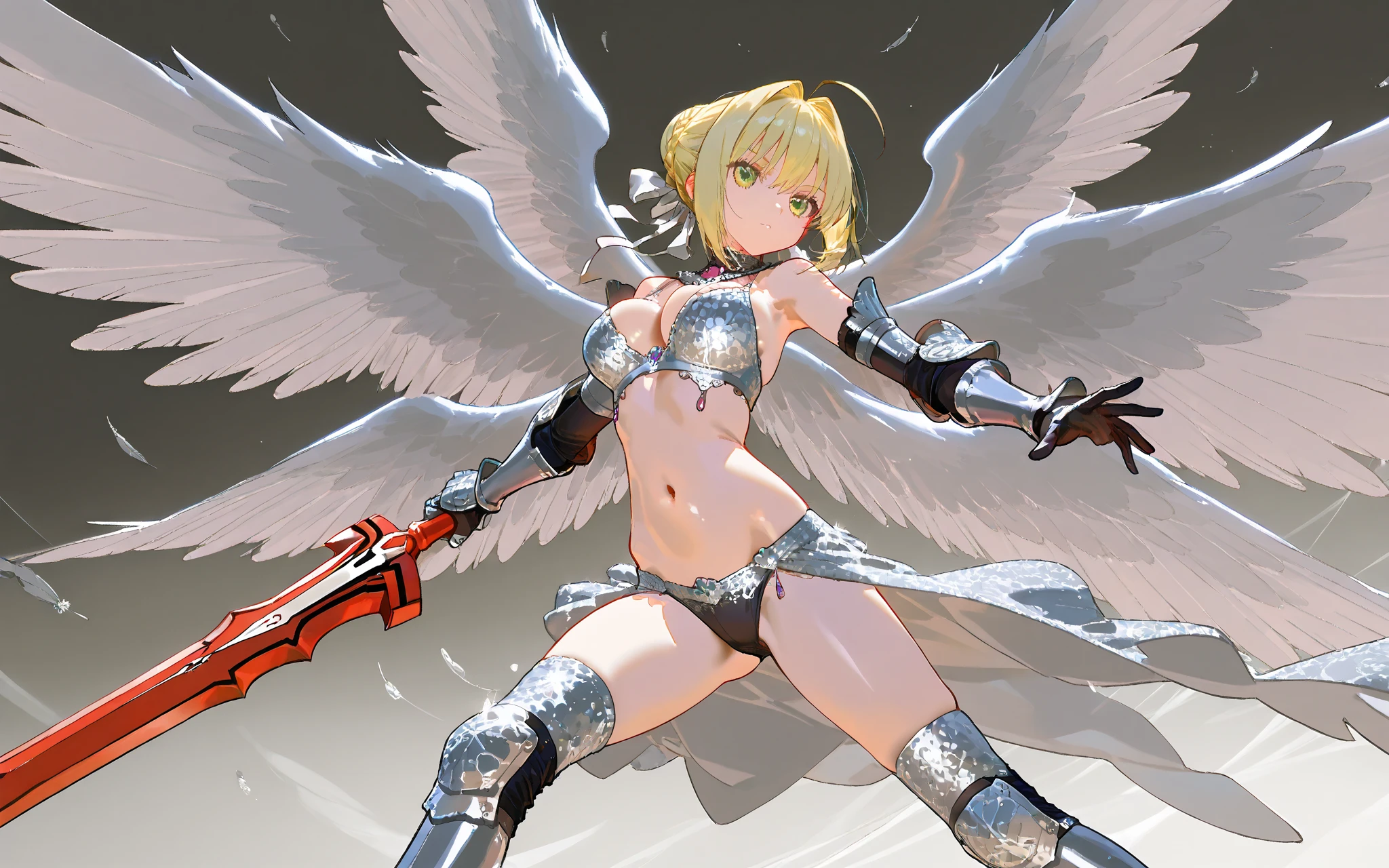 armored angel girl, wing, prepare a sword, highleg, open stance, bare navel, underboob, armpit, ((fantasy battle scene))