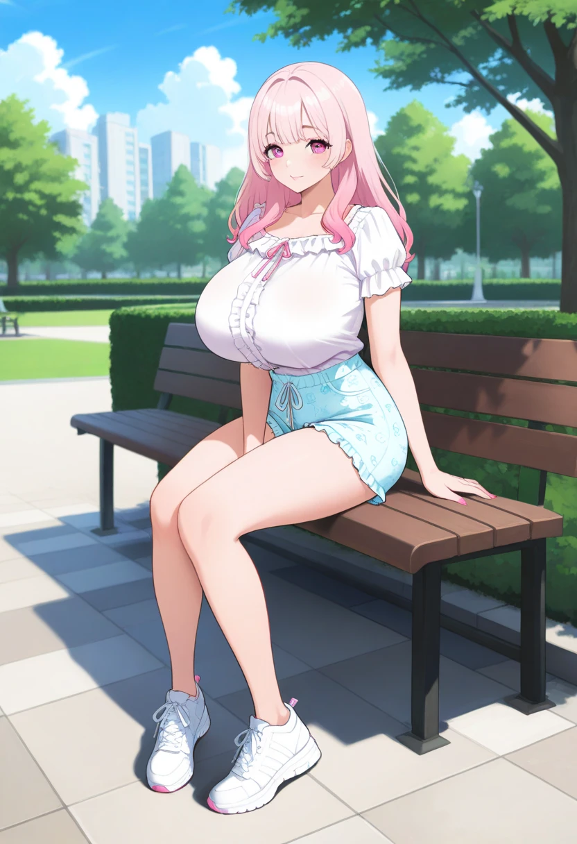 An Incredibly THICC, Absurdly Ridiculously Busty, Girl. Red shirt, Dark-Blue Jeans, Red Sneakers,
