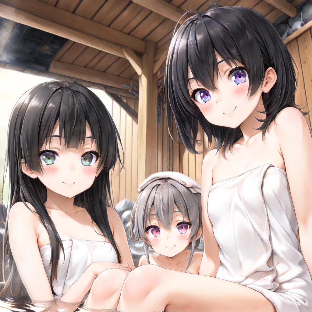 Very detailed, highest quality, High resolution, Moe Anime, ((4 cute girls with black hair and droopy eyes)), Blue Eyes, Sparkle in the eyes, Big eyes, tareme, View your viewers, Pale skin, Focus on the face, In the pool, ((The upper half of the body is a see-through swimsuit and the lower half is naked.)), ((nsfw)), ((Very short hairstyle:1.5)), (Slightly below:1.2), ((Flat Chest:1.4)), (arms behind back:1.4)