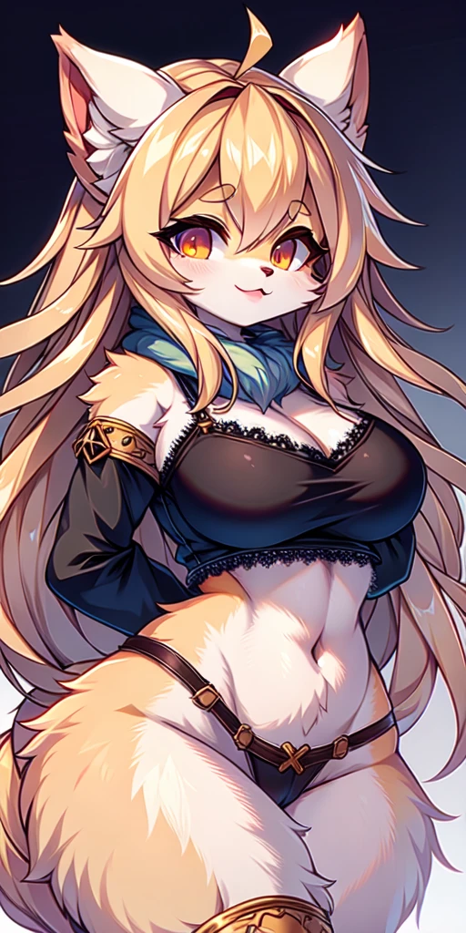 ((masterpiece, best quality)), (Pokémon), (jolteon) (furry), 4k, Detailed, Intricate Details, solo, one character, eye patch, woman with an eye patch, best quality, (female), fluffy fur, (tail), (2 ears), exposed navel, detailed breast, long flowing hair, fluffy fur around the neck, good anatomy, wide hips, wearing black poncho, looking at the viewer