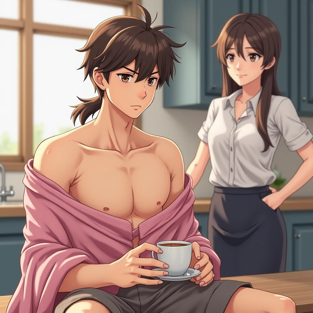 (Masterpiece), Best Quality, Perfect face, 2 Topless Hairy Shota Dogs, flushed, naked apron, serving food and drinks, coffee shop, innocent , Ribbons, restaurant, apron pulling,