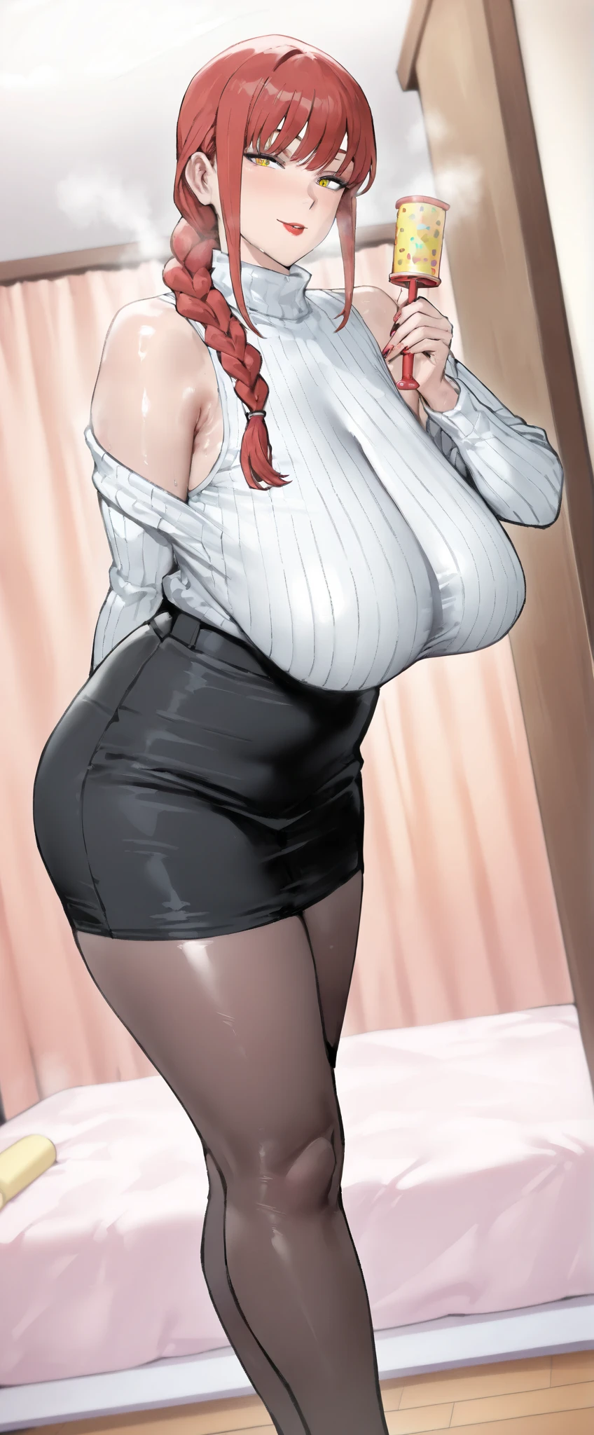 (Masterpiece:1.3), High quality, ultra-detailed, 16K UHD, realistic, realism, Makima (Chainsawman), RED hair color:1, bangs, braid hair, yellow eyes:1.4, (White tight shirt, black tie, long black pants), profesional lighting, cute smile, erotic pose, (Gigantic breasts:1.5), sitting on bed ,aesthetic, extreme detailed beautiful face, (indoor, hotel room, window ,city light scape, night time, detailed background)