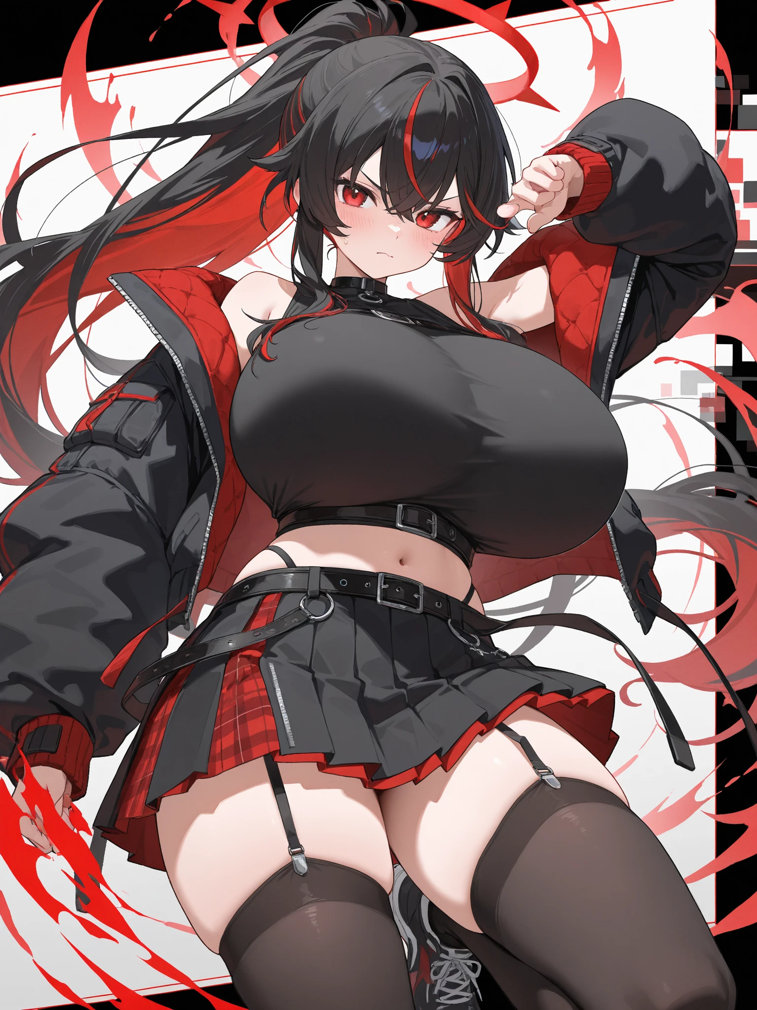 *short girl with black hair with a red horn, thin and pointed red tail, massive breasts, wide hips, very thick thighs, BDSM clothes, almost naked, only with a bra and panties that do not cover her private parts, and with a neon pink tattoo on uterus*