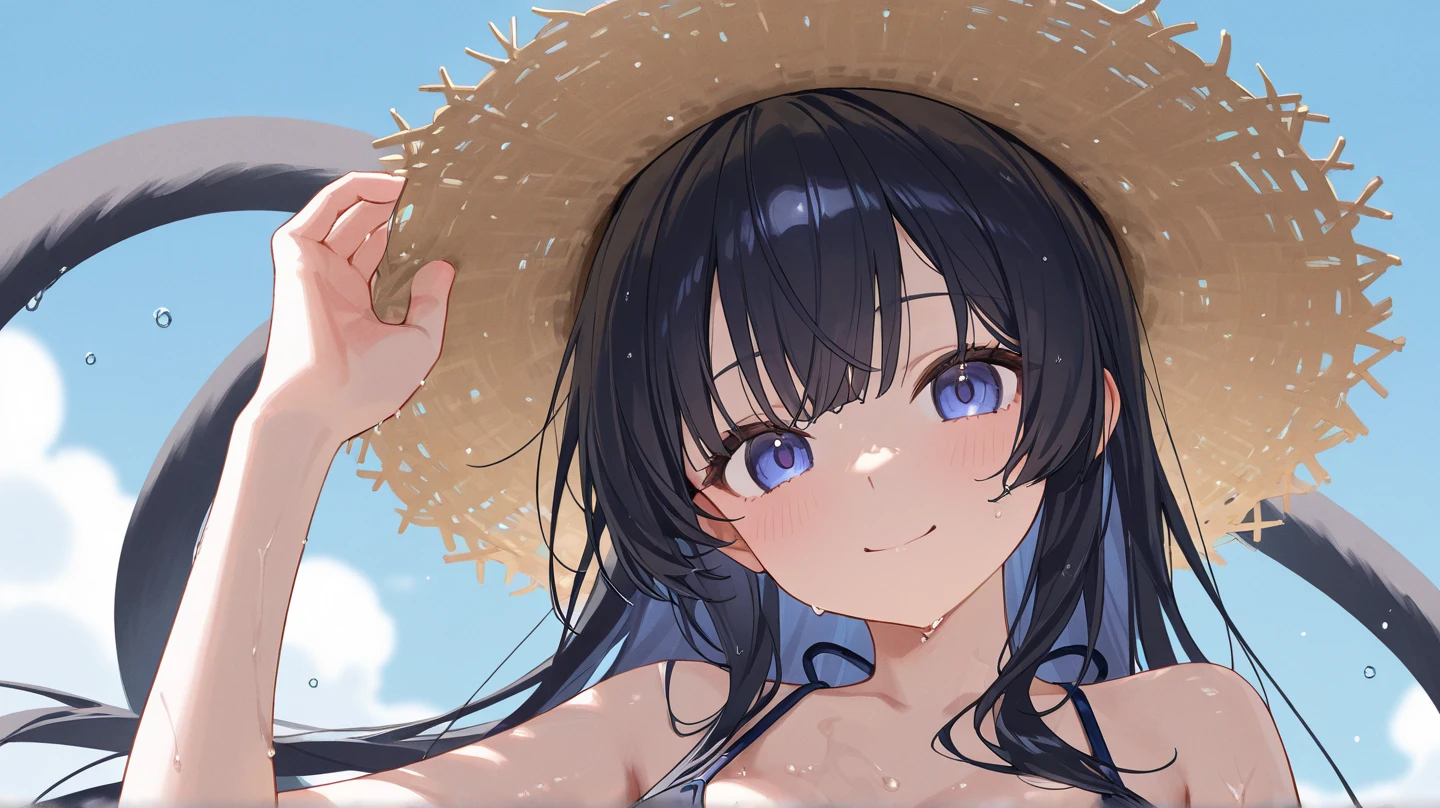One Girl, long tied brunette hair, smile, blue eyes, Wink, View your viewers, (((naked、Nipples are visible))), flower straw hat, (Beach), (sunset), evening, masterpiece, 8k, Perfect lighting, Perfect outfit, Perfect Anatomy, Perfect Eyes, Perfect Face, Sharp resolution, (Face close-up)